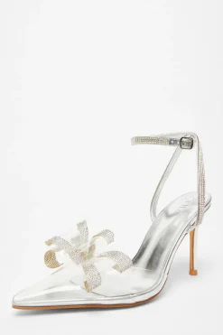 Quiz Bow Diamante Court Heels Silver Discount