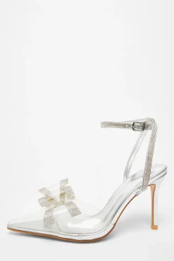 Quiz Bow Diamante Court Heels Silver Discount