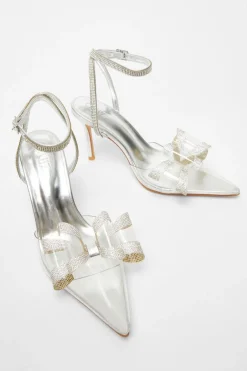 Quiz Bow Diamante Court Heels Silver Discount