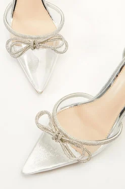 Quiz Silver Clear Diamante Bow Court Heels Hot