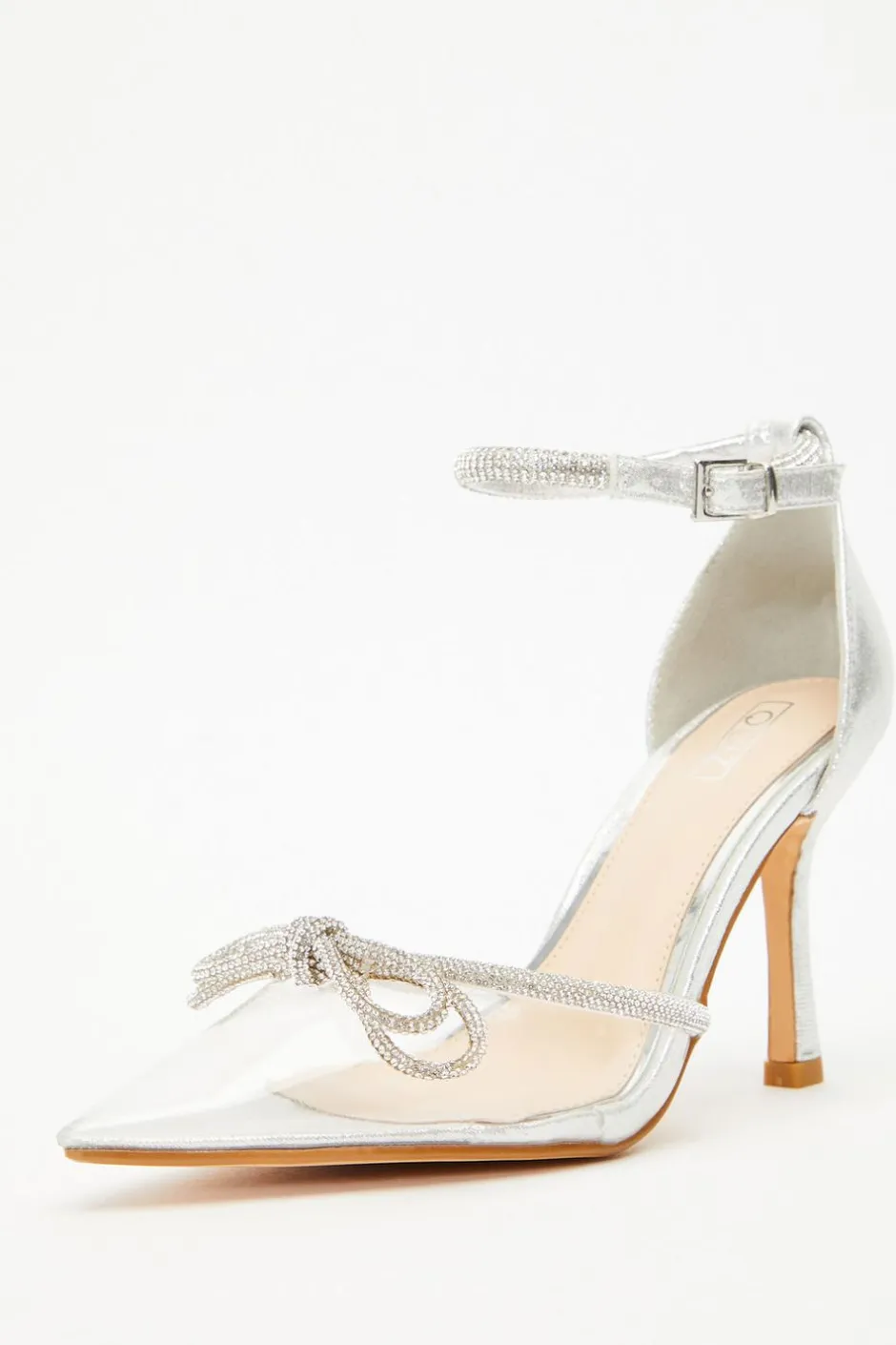 Quiz Silver Clear Diamante Bow Court Heels Hot