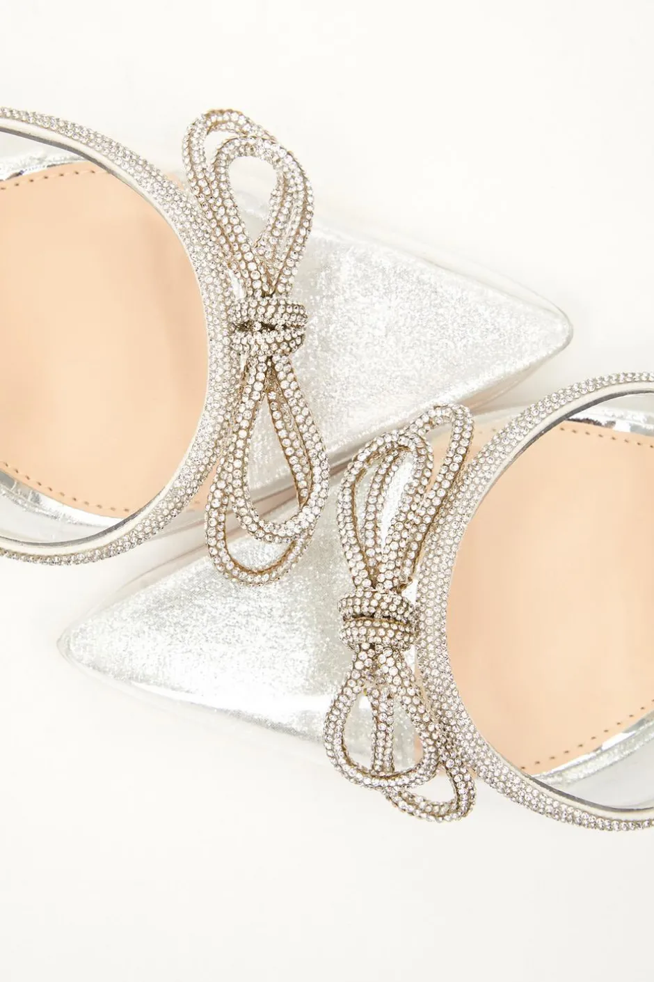 Quiz Silver Clear Diamante Bow Court Heels Hot