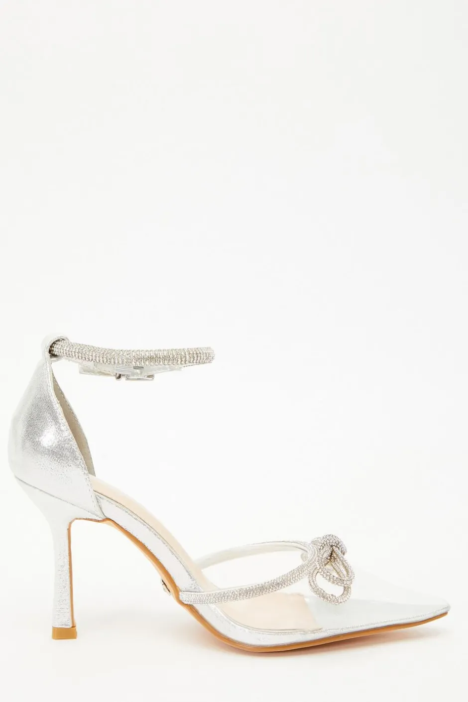 Quiz Silver Clear Diamante Bow Court Heels Hot