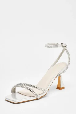 Quiz Diamante Asymmetric Heeled Sandals Silver Clearance