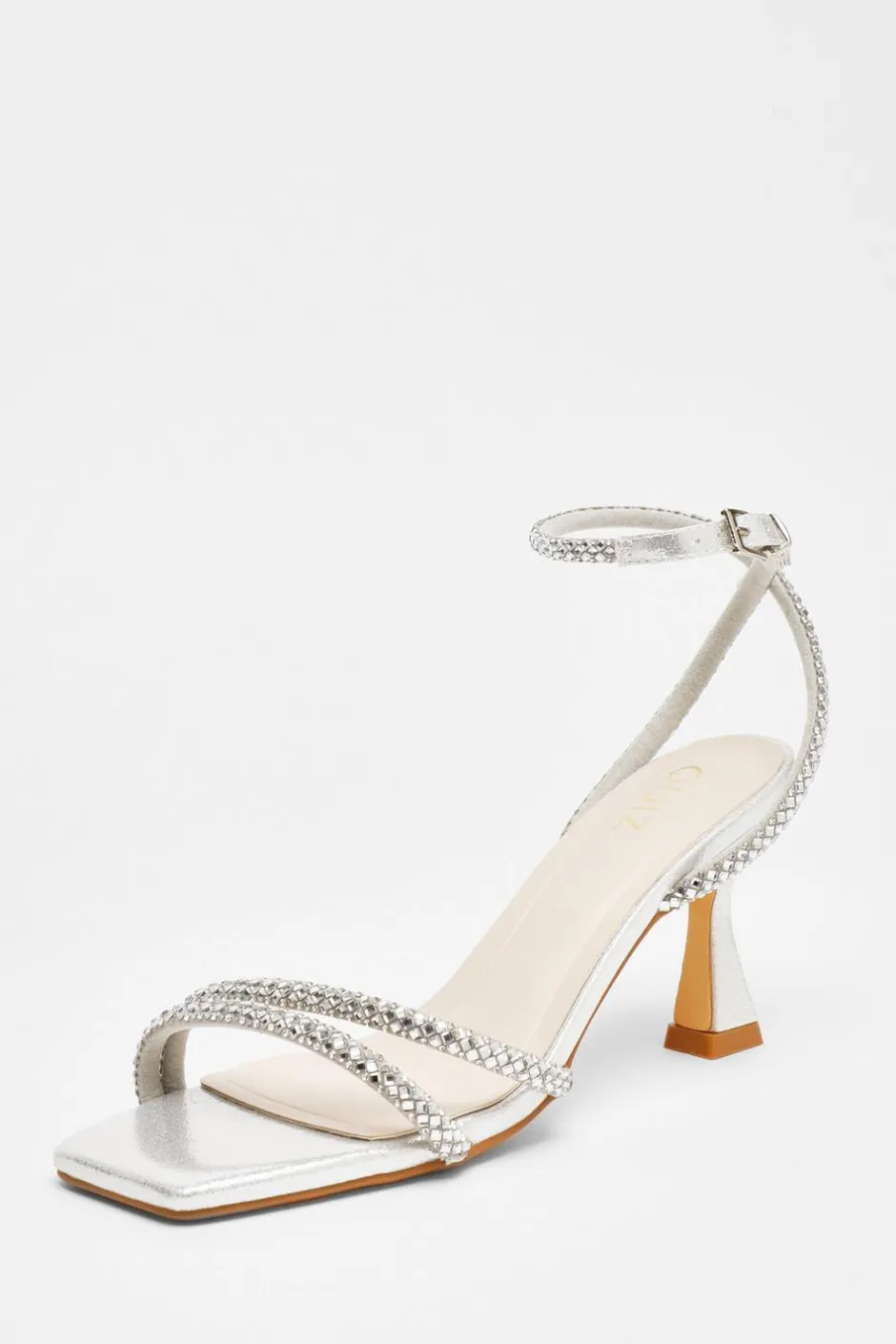 Quiz Diamante Asymmetric Heeled Sandals Silver Clearance
