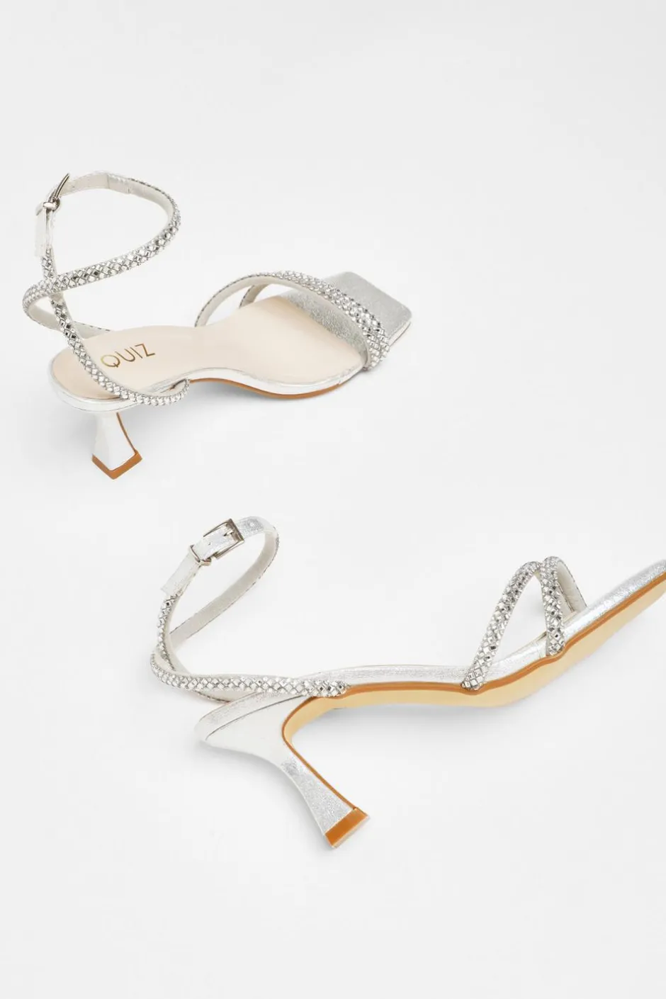 Quiz Diamante Asymmetric Heeled Sandals Silver Clearance