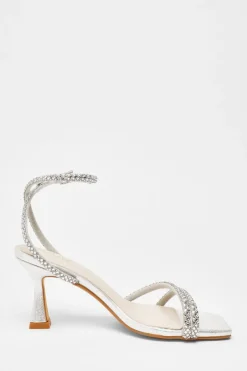 Quiz Diamante Asymmetric Heeled Sandals Silver Clearance
