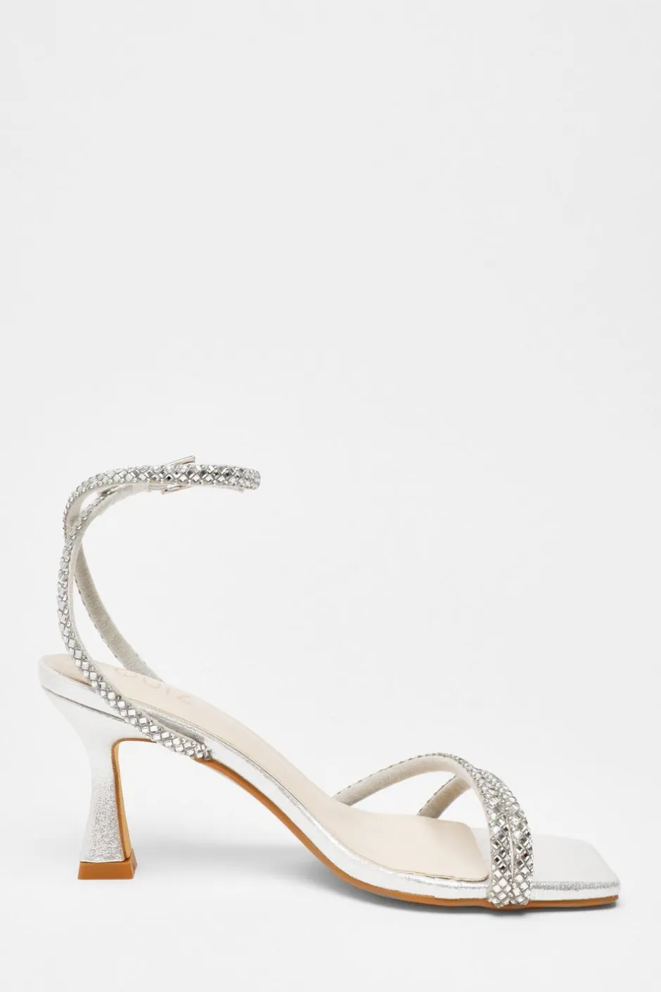 Quiz Diamante Asymmetric Heeled Sandals Silver Clearance