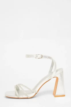 Quiz Diamante Block Heels Silver Discount