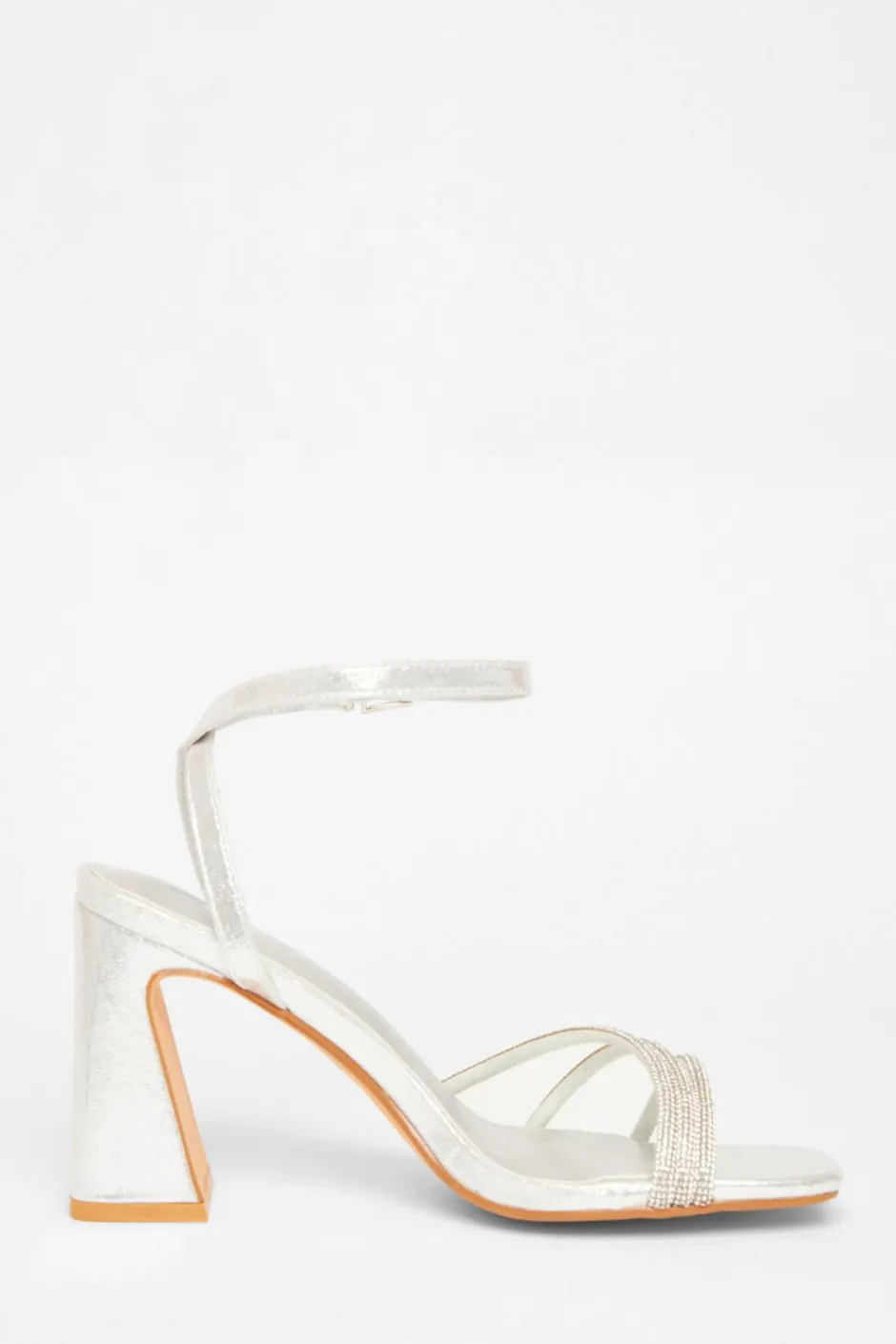 Quiz Diamante Block Heels Silver Discount