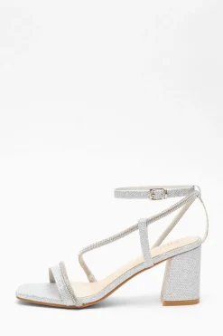 Quiz Diamante Block Heeled Sandals Silver Clearance