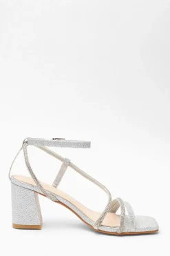 Quiz Diamante Block Heeled Sandals Silver Clearance