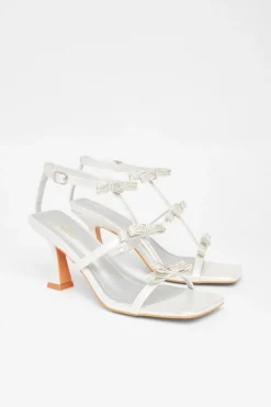 Quiz Diamante Bow Heels Silver New