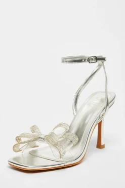 Quiz Diamante Bow Heels Silver New