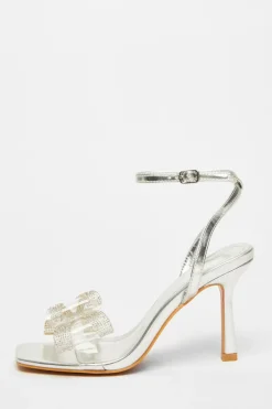 Quiz Diamante Bow Heels Silver New