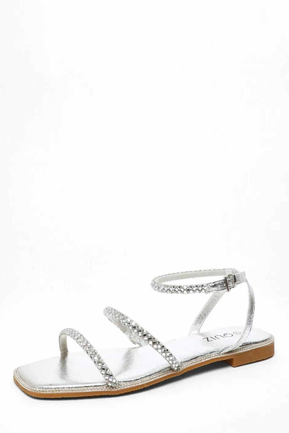 Quiz Silver Diamante Double Strap Flat Sandals