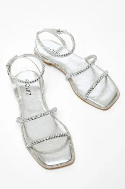 Quiz Silver Diamante Double Strap Flat Sandals