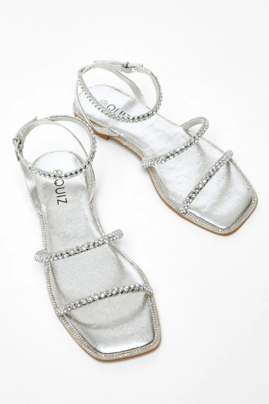 Quiz Silver Diamante Double Strap Flat Sandals