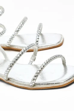 Quiz Silver Diamante Double Strap Flat Sandals