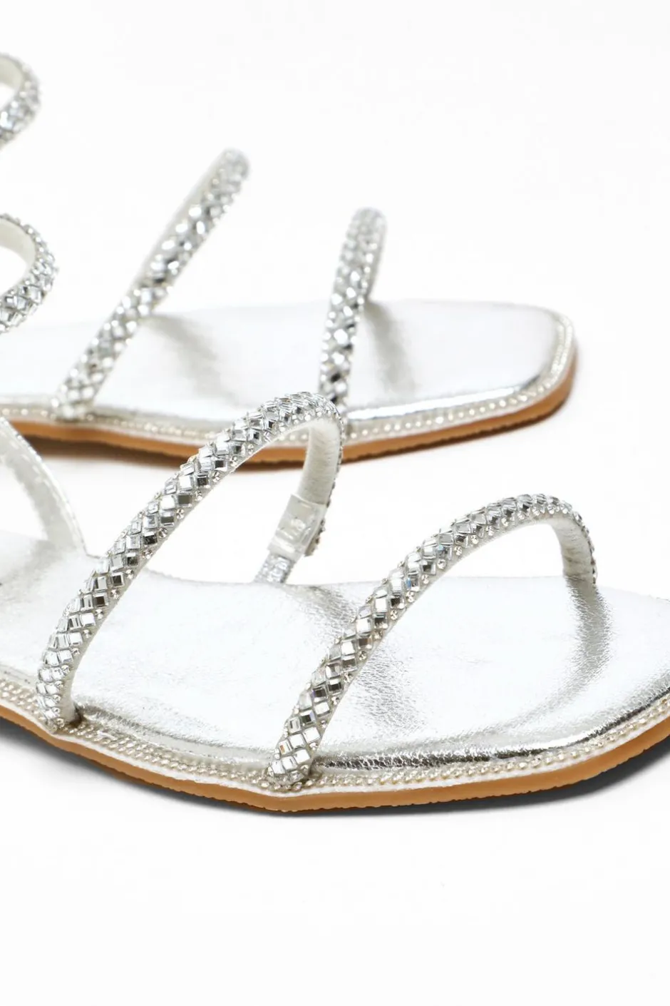 Quiz Silver Diamante Double Strap Flat Sandals