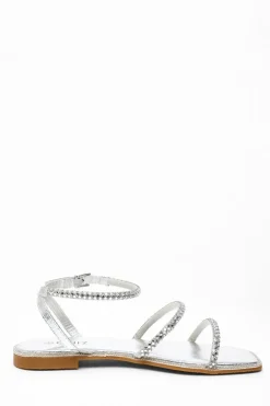 Quiz Silver Diamante Double Strap Flat Sandals
