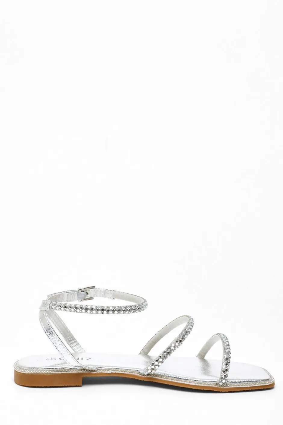 Quiz Silver Diamante Double Strap Flat Sandals