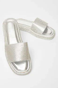Quiz Diamante Flat Sandals Silver Online