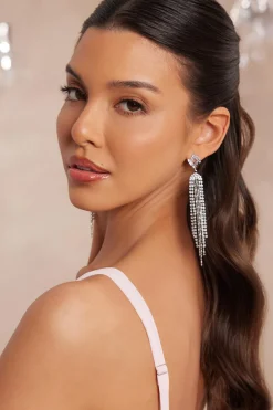 Quiz Silver Diamante Fringe Earrings Sale
