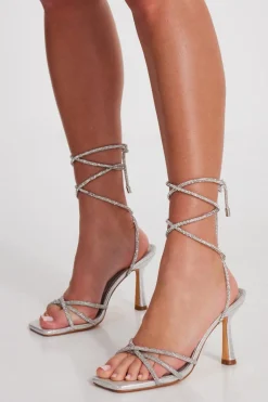 Quiz Diamante Lace Up Heels Silver New