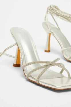 Quiz Diamante Lace Up Heels Silver New