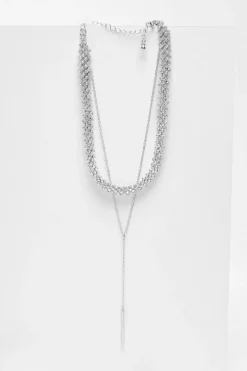 Quiz Diamante Layered Necklace Silver New