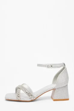 Quiz Diamante Low Block Heels Silver Hot