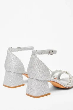 Quiz Diamante Low Block Heels Silver Hot