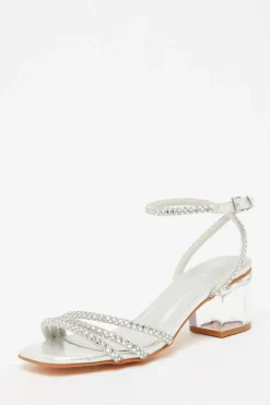 Quiz Diamante Low Heeled Sandals Silver Clearance