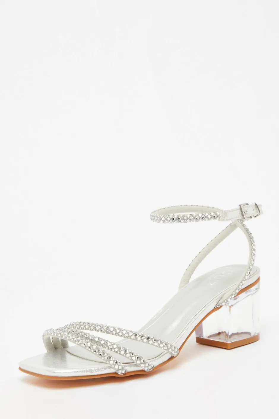 Quiz Diamante Low Heeled Sandals Silver Clearance
