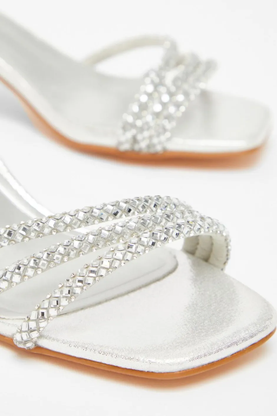 Quiz Diamante Low Heeled Sandals Silver Clearance