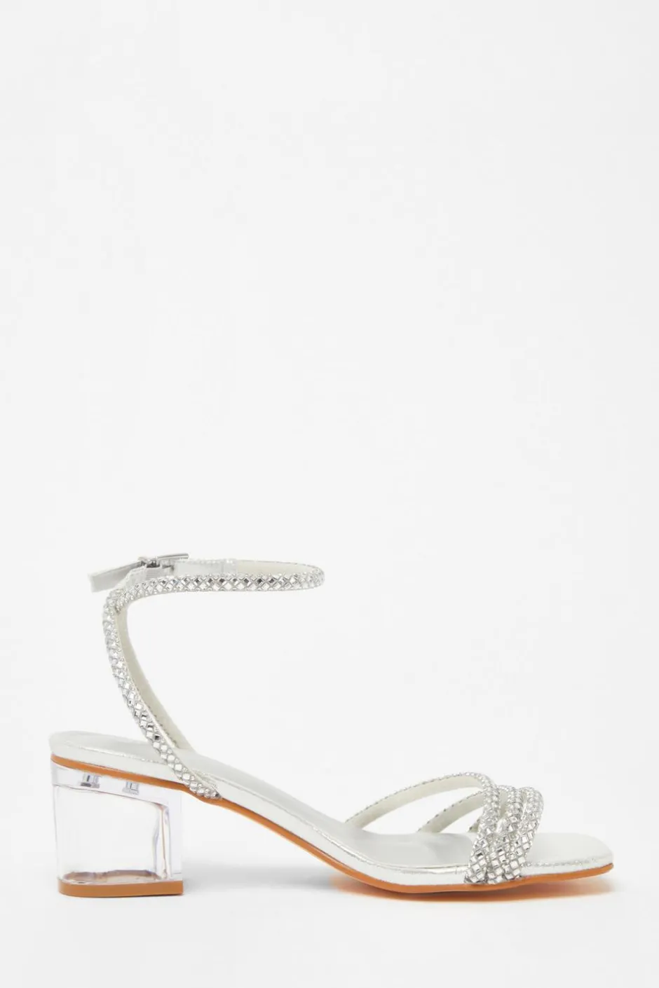 Quiz Diamante Low Heeled Sandals Silver Clearance