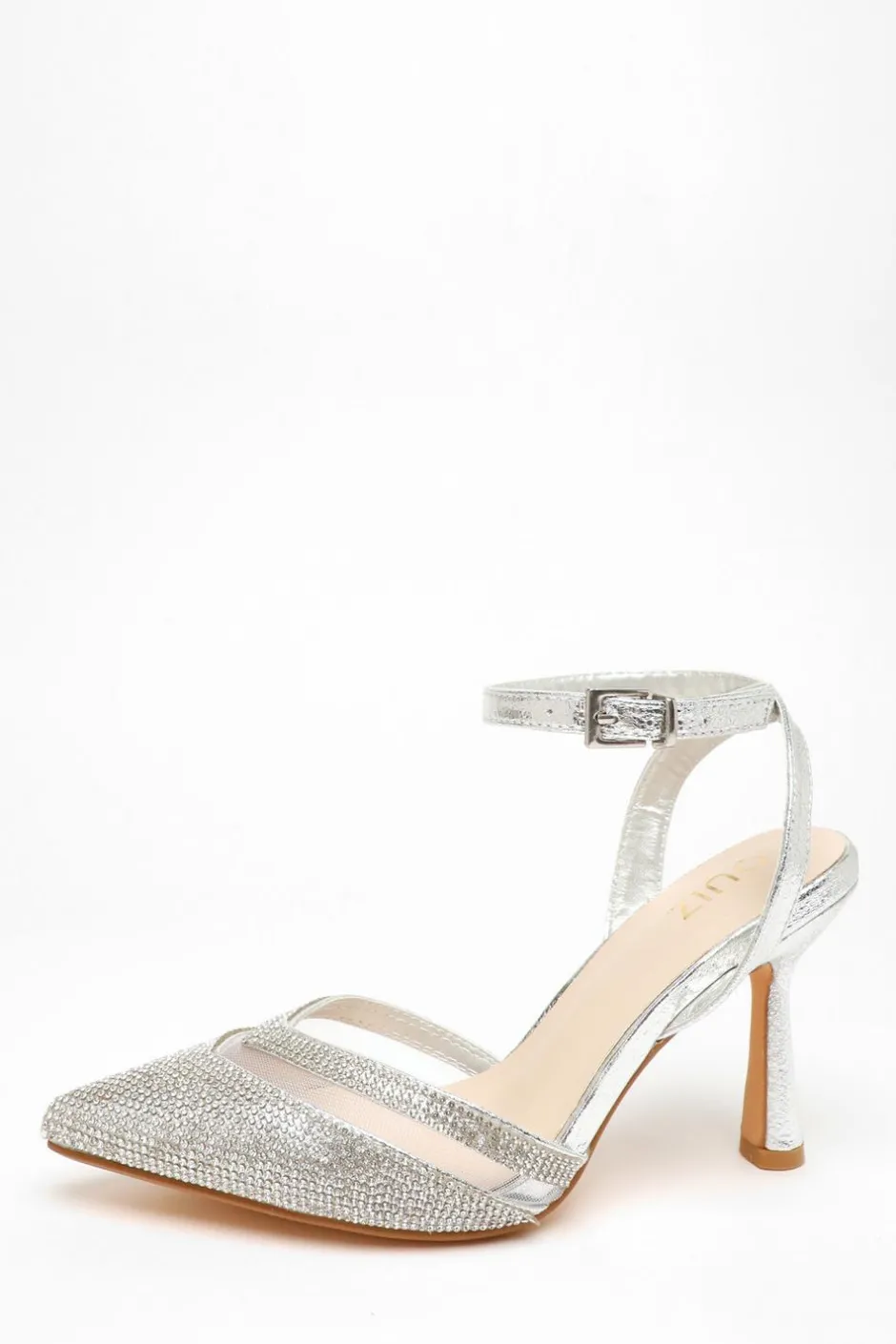 Quiz Diamante Mesh Court Heels Silver Hot