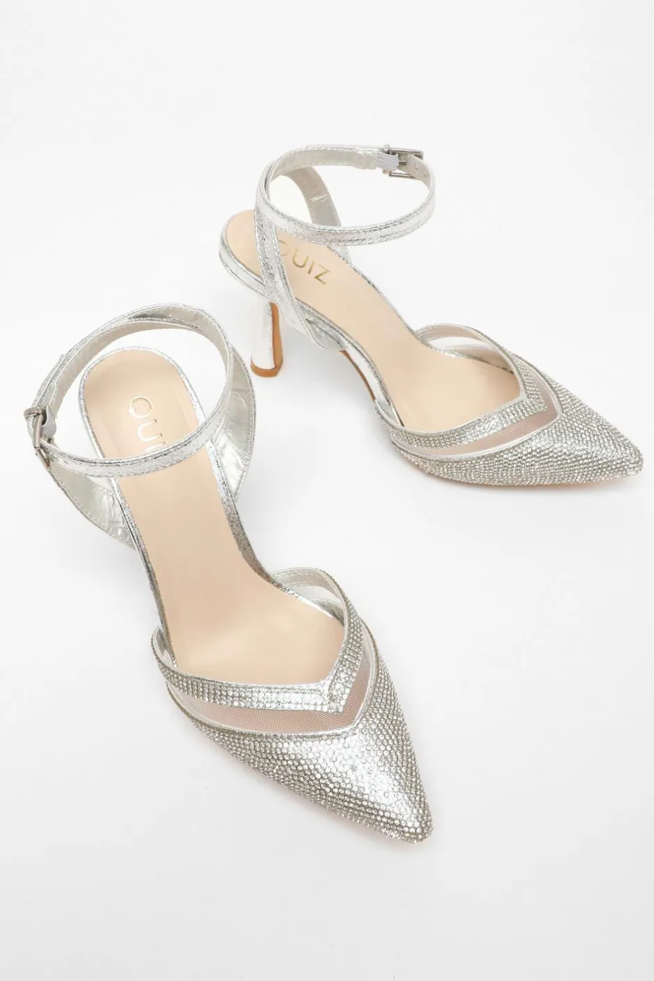 Quiz Diamante Mesh Court Heels Silver Hot