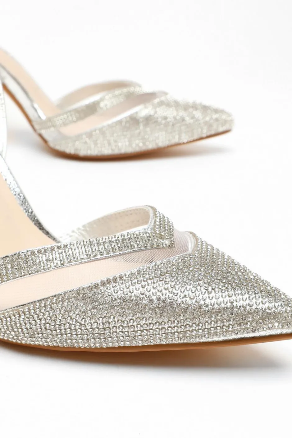 Quiz Diamante Mesh Court Heels Silver Hot