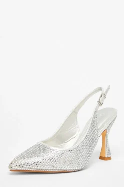 Quiz Silver Diamante Sling Back Court Heels Best