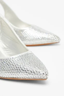 Quiz Silver Diamante Sling Back Court Heels Best