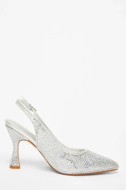 Quiz Silver Diamante Sling Back Court Heels Best