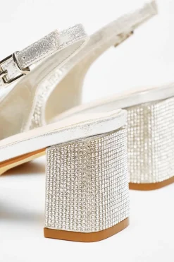 Quiz Silver Diamante Slingback Block Heel Sale