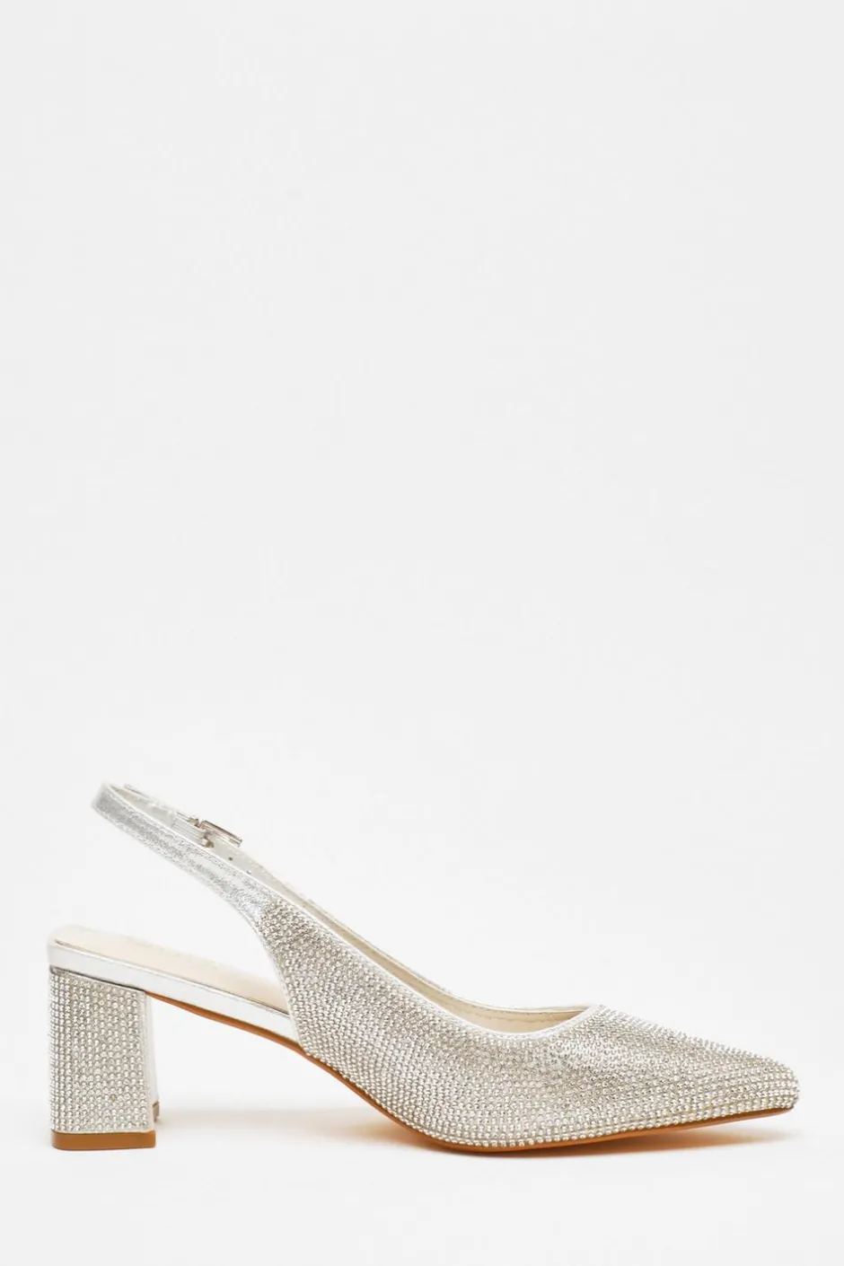 Quiz Silver Diamante Slingback Block Heel Sale