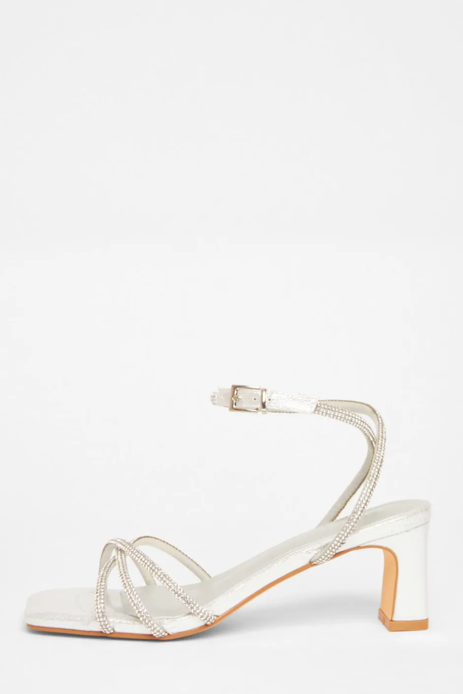 Quiz Diamante Strap Block Heels Silver Clearance