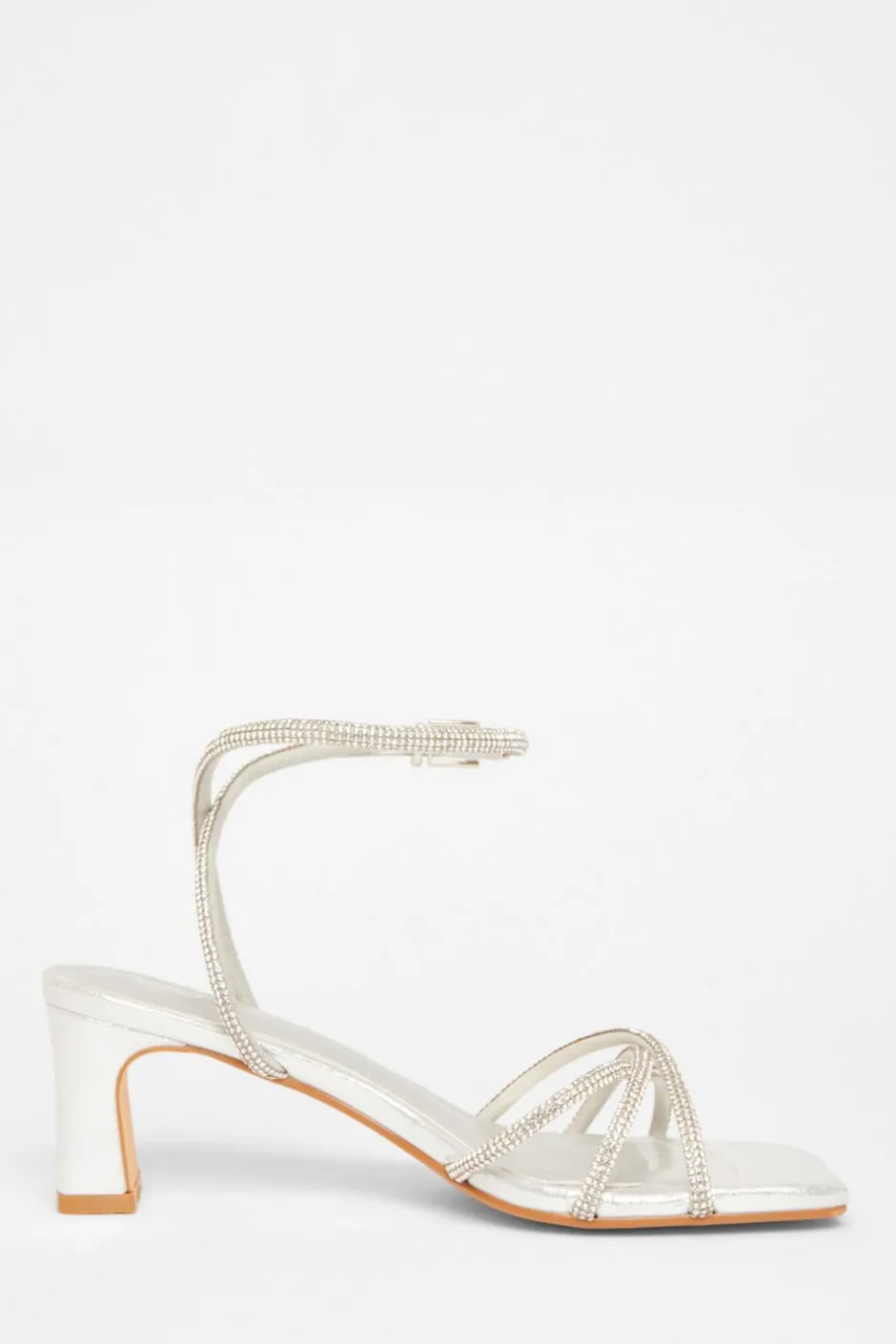 Quiz Diamante Strap Block Heels Silver Clearance