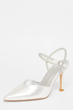 Quiz Diamante Strap Court Heels Silver Outlet