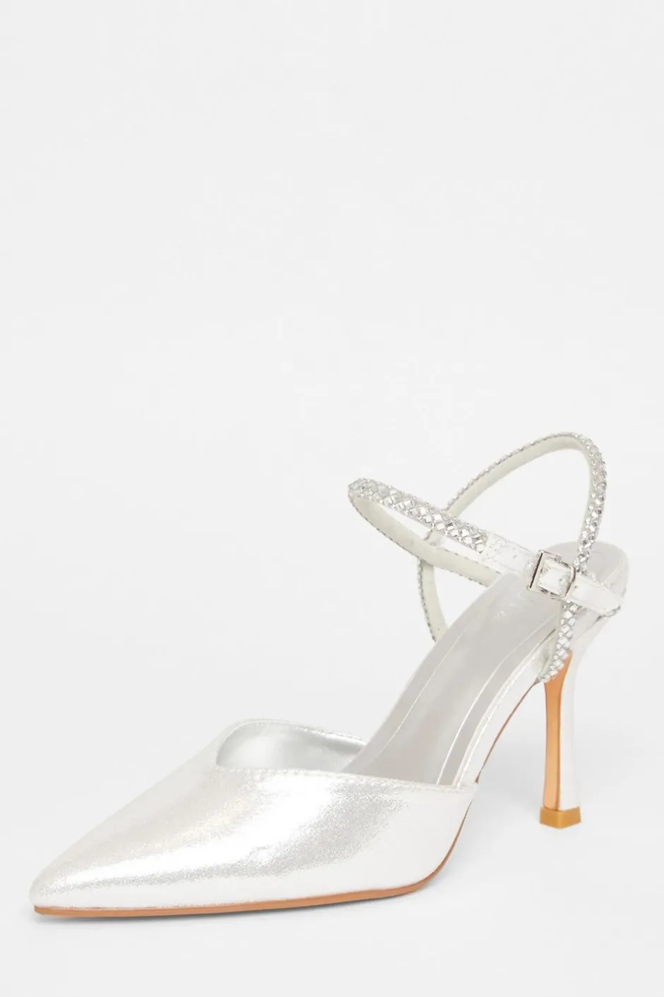 Quiz Diamante Strap Court Heels Silver Outlet