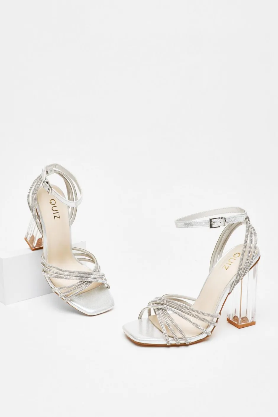 Quiz Diamante Strap Heeled Sandals Silver Sale